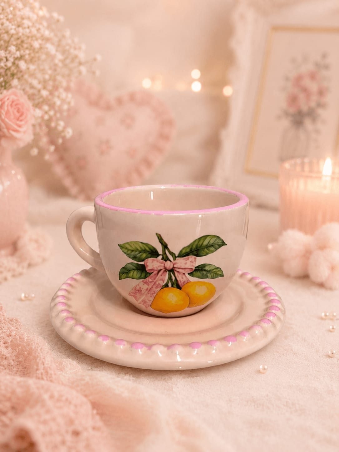 Conjunto de Xícara de Café e Pires em Cerâmica Limão com Laço Rosa