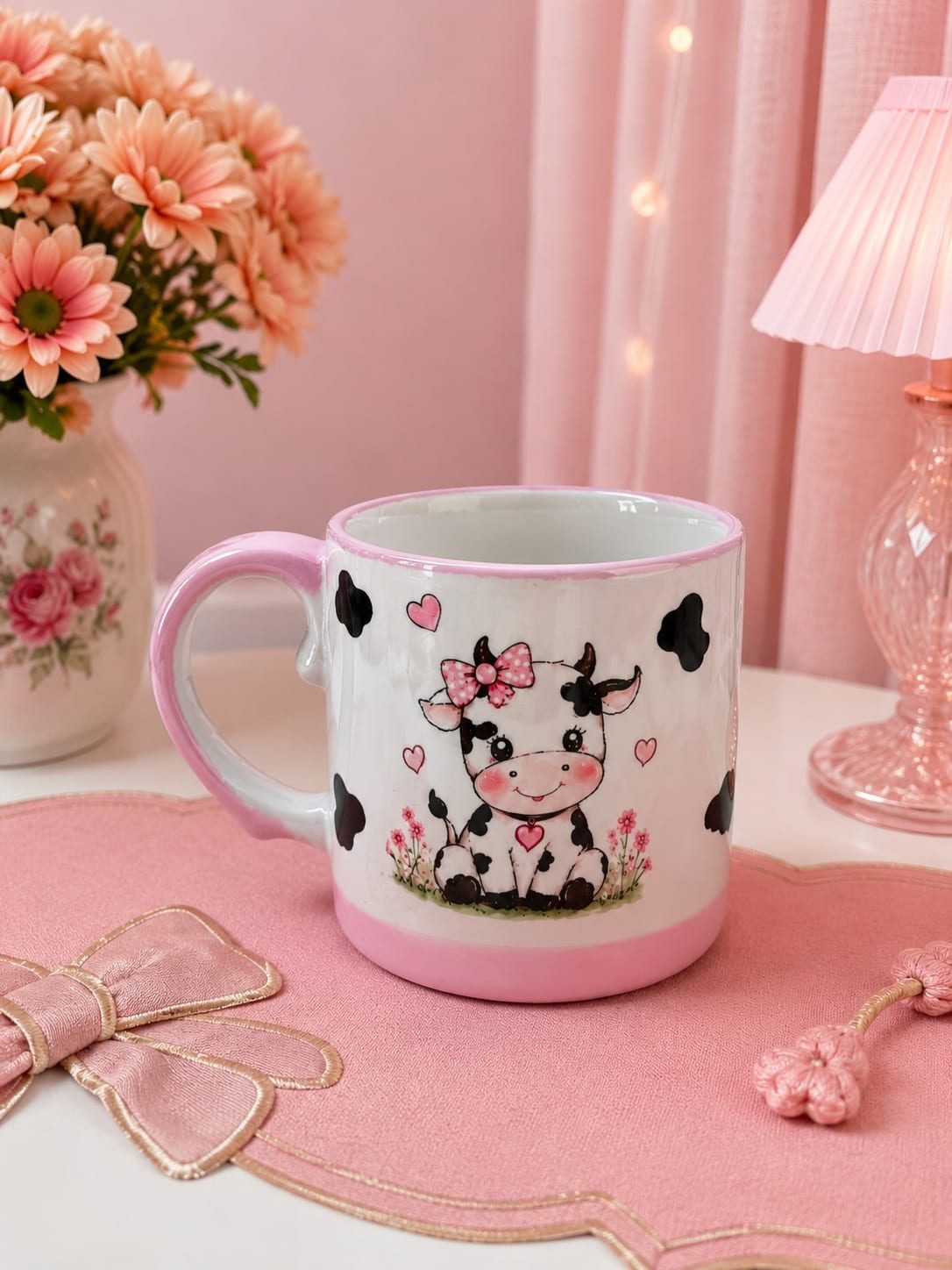 Caneca de Cerâmica Vaquinha Fofa com Laço Rosa