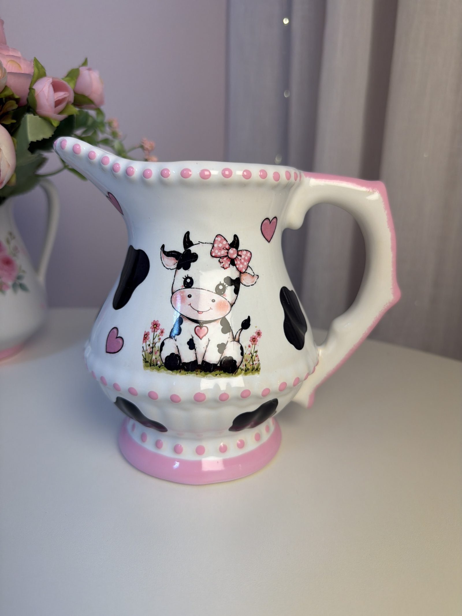 Jarra Decorativa Vaquinha com Poás Rosa e Coração