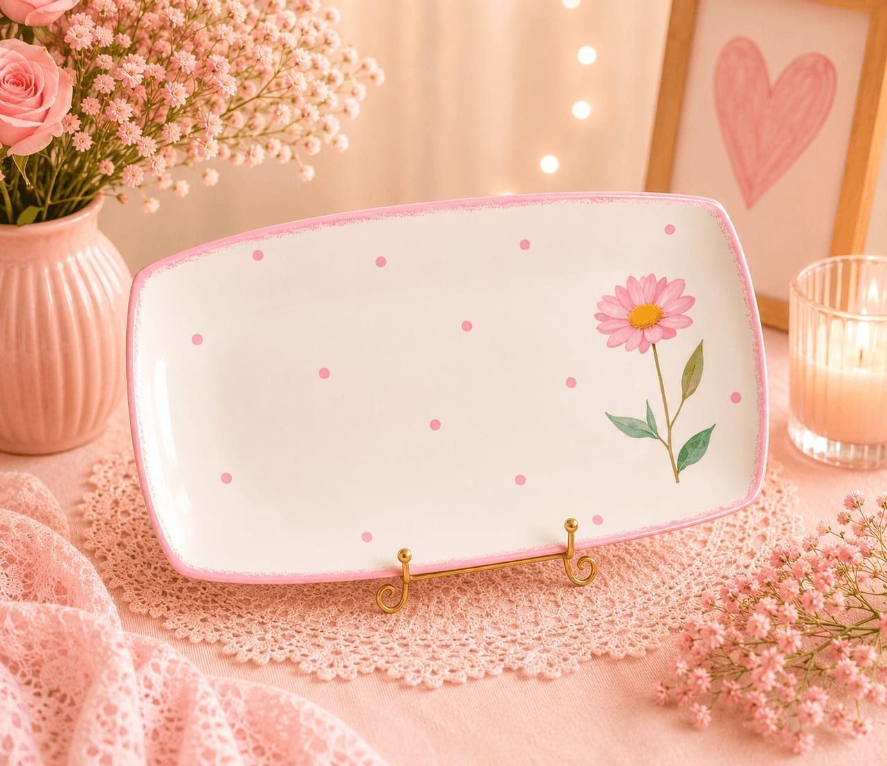 Travessa Retangular Decorada Margarida e Poás Rosa
