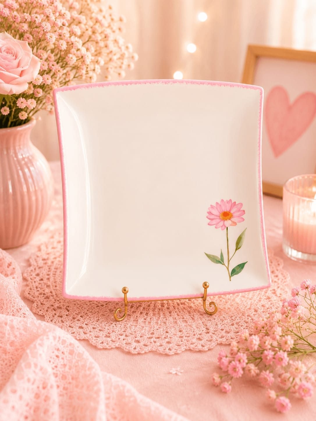 Prato de Jantar Decorativa Quadrado Floral Rosa