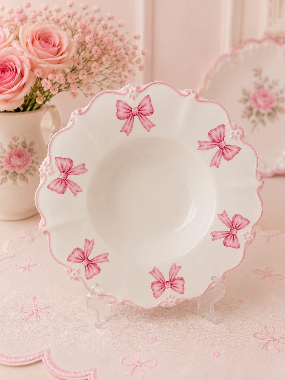 Prato Fundo de Cerâmica Provençal com Detalhes Rosa