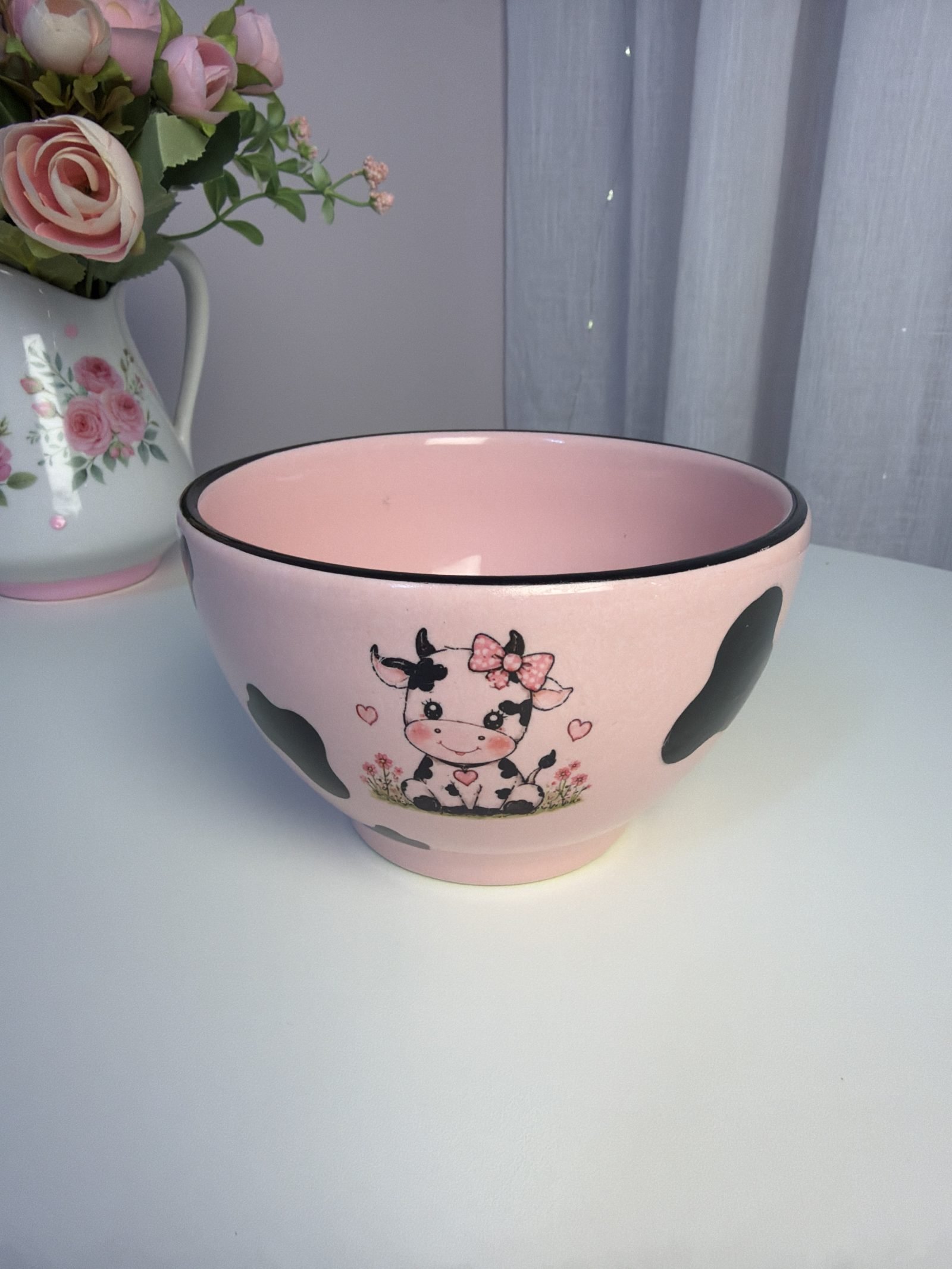 Bowl de Cerâmica Vaquinha Rosa com Laço e Corações