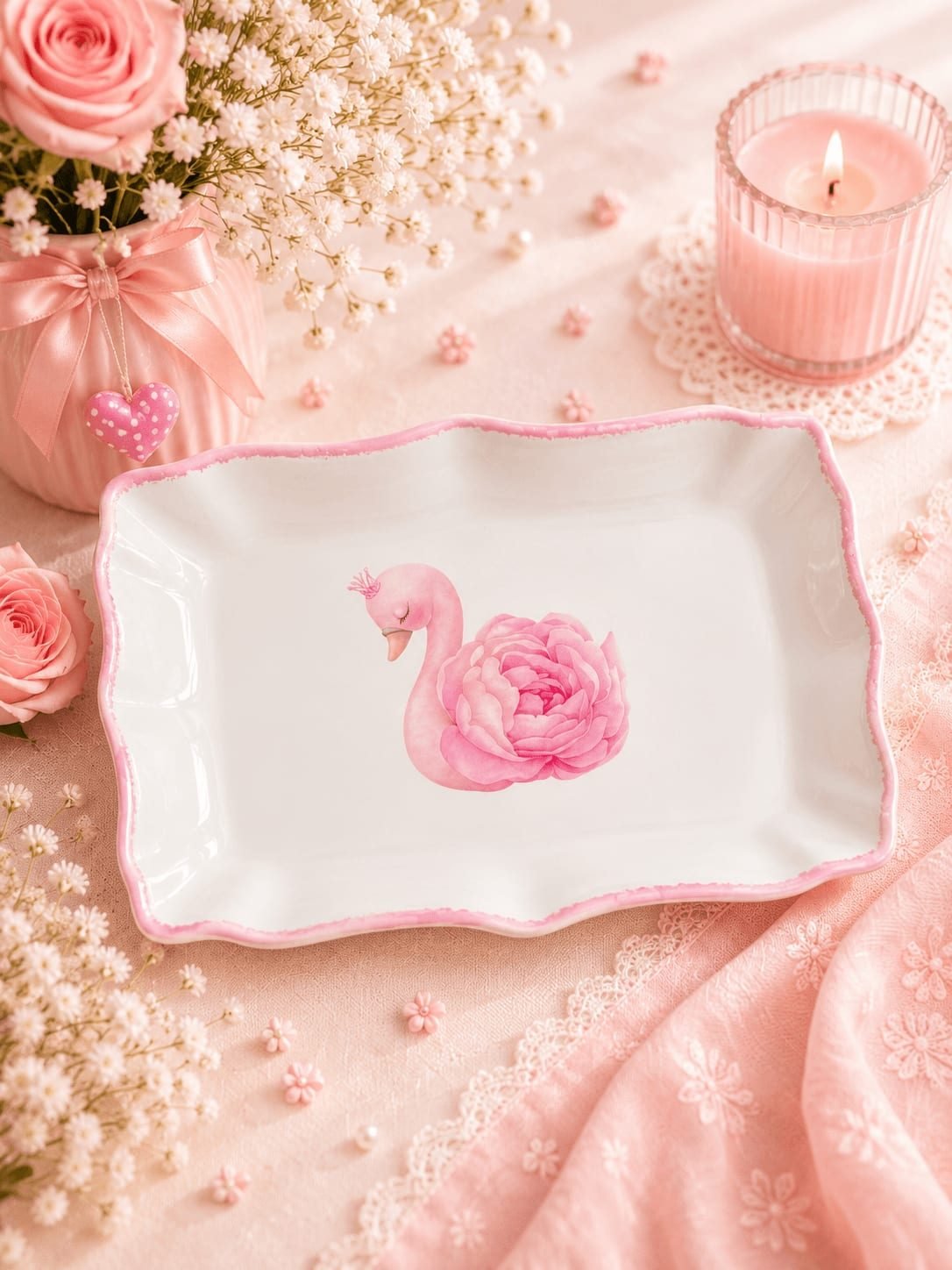 Travessa Decorativa de Cisne com Bordas Rosa